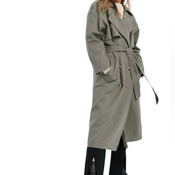 ASOS Overzized Cavas Double Breast Trench Coat Army Green - Picture 1 of 10